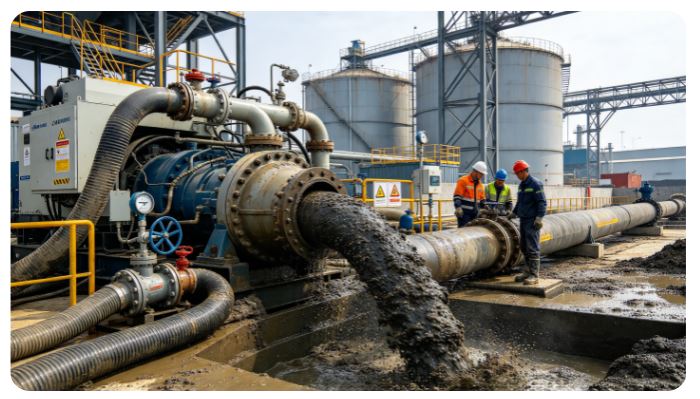 Industrial slurry pump discharging thick slurry from a pipeline at a processing plant